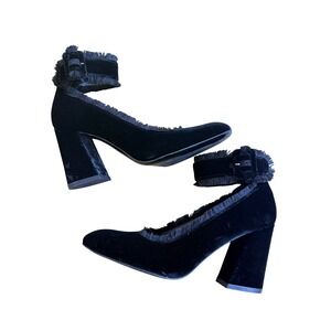 Stuart Weitzman Clarissa Black Velvet Fringe Ankle Strap Block Heel Pumps 5.5M